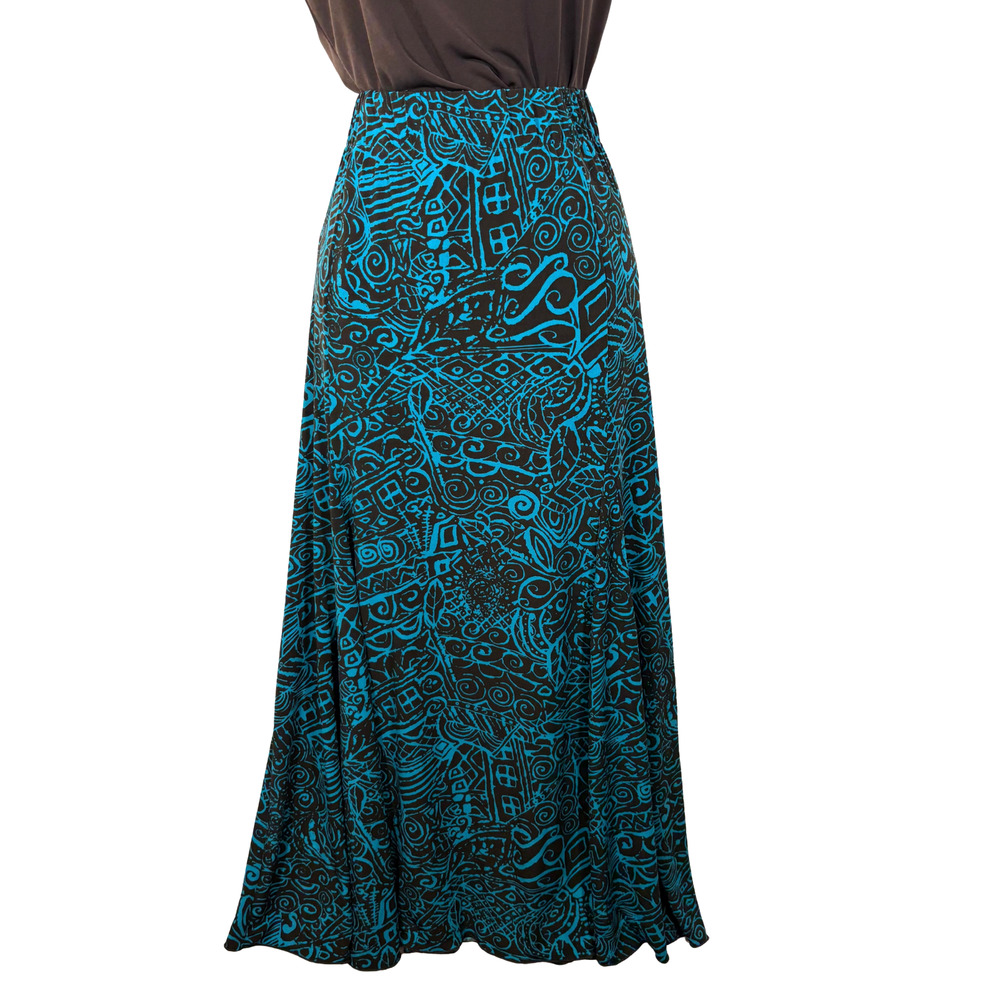 Chicos Maxi Skirt Brown Teal Geometric Stretch Pleated Elastic Waist Medium Vtg